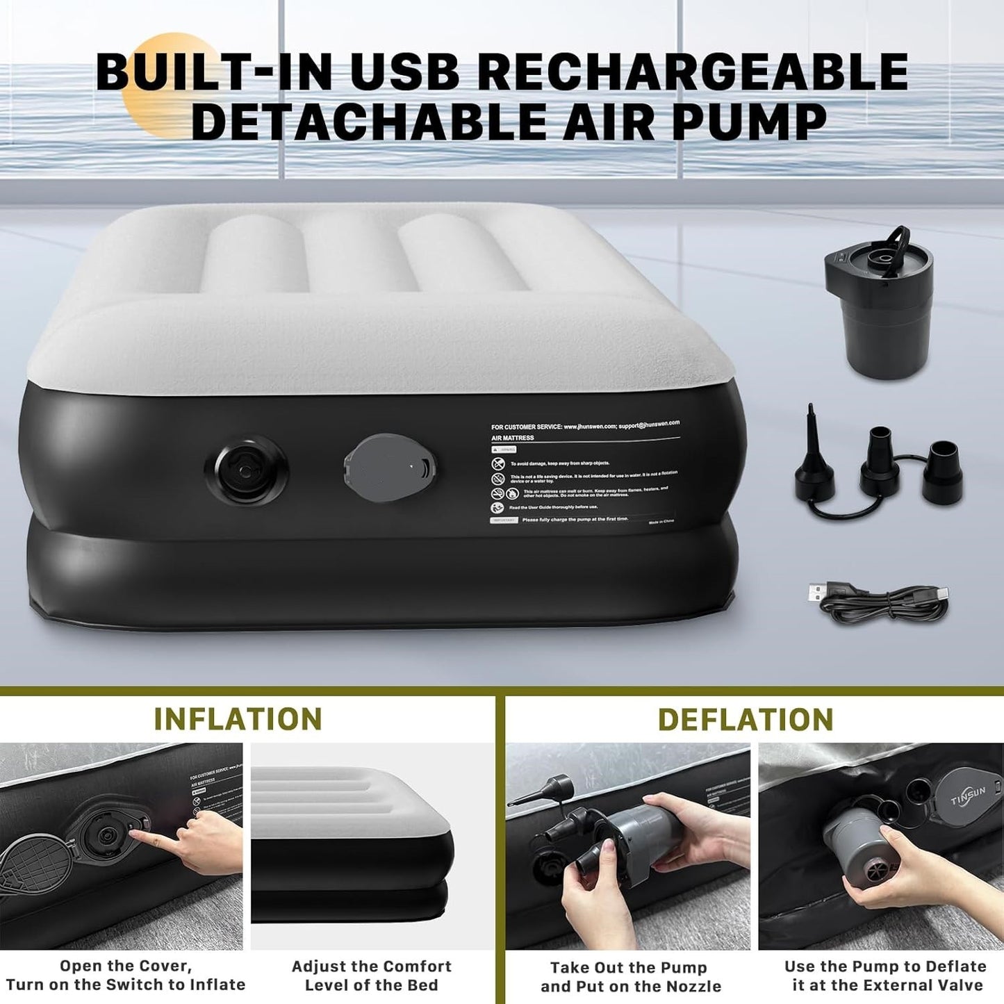 16Inches Queen Size Premium Air Mattress With For Home Camping Guest-Room Inflatable Airbed Blow Up Mattress