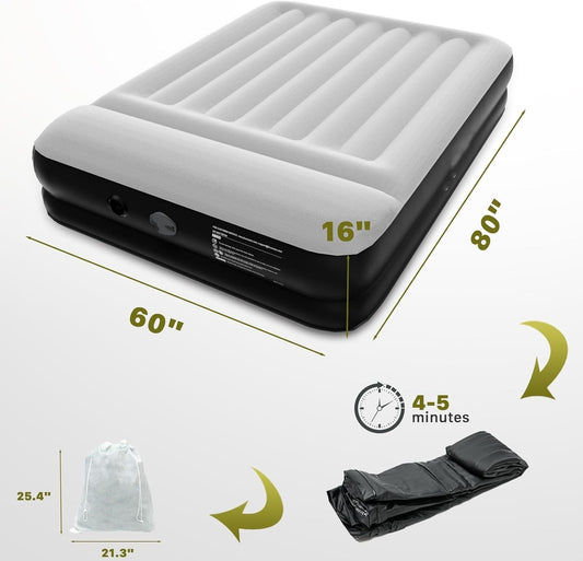 16Inches Queen Size Premium Air Mattress With For Home Camping Guest-Room Inflatable Airbed Blow Up Mattress