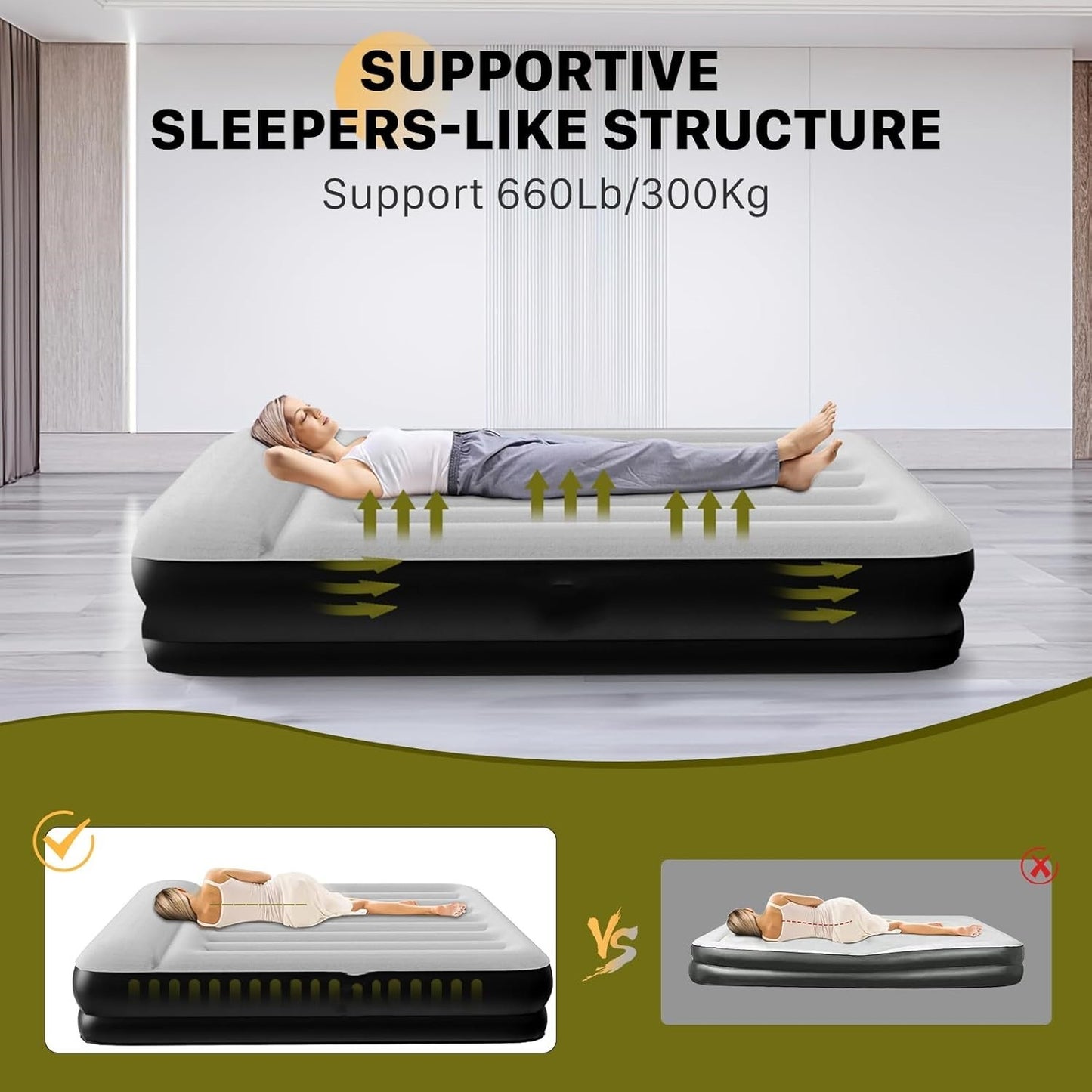 16Inches Queen Size Premium Air Mattress With For Home Camping Guest-Room Inflatable Airbed Blow Up Mattress